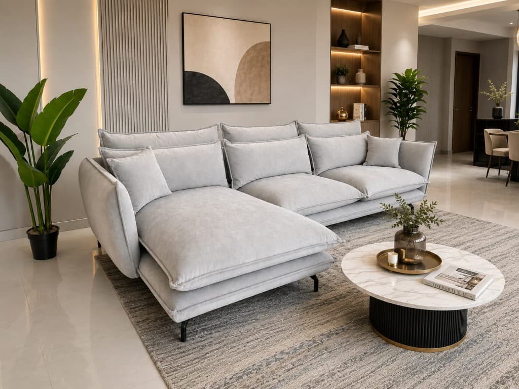 Light grey chaise sectional in a modern living room